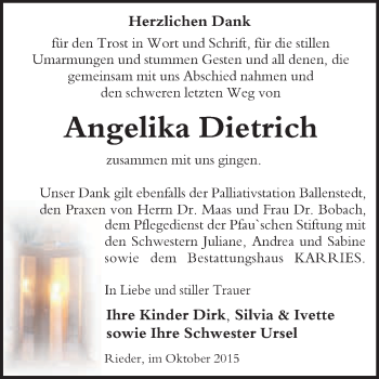 Traueranzeige von Angelika Dietrich von WVG - Wochenspiegel Quedlinburg