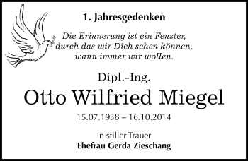 Traueranzeige von Otto Wilfried Miegel von Mitteldeutsche Zeitung Dessau-Roßlau