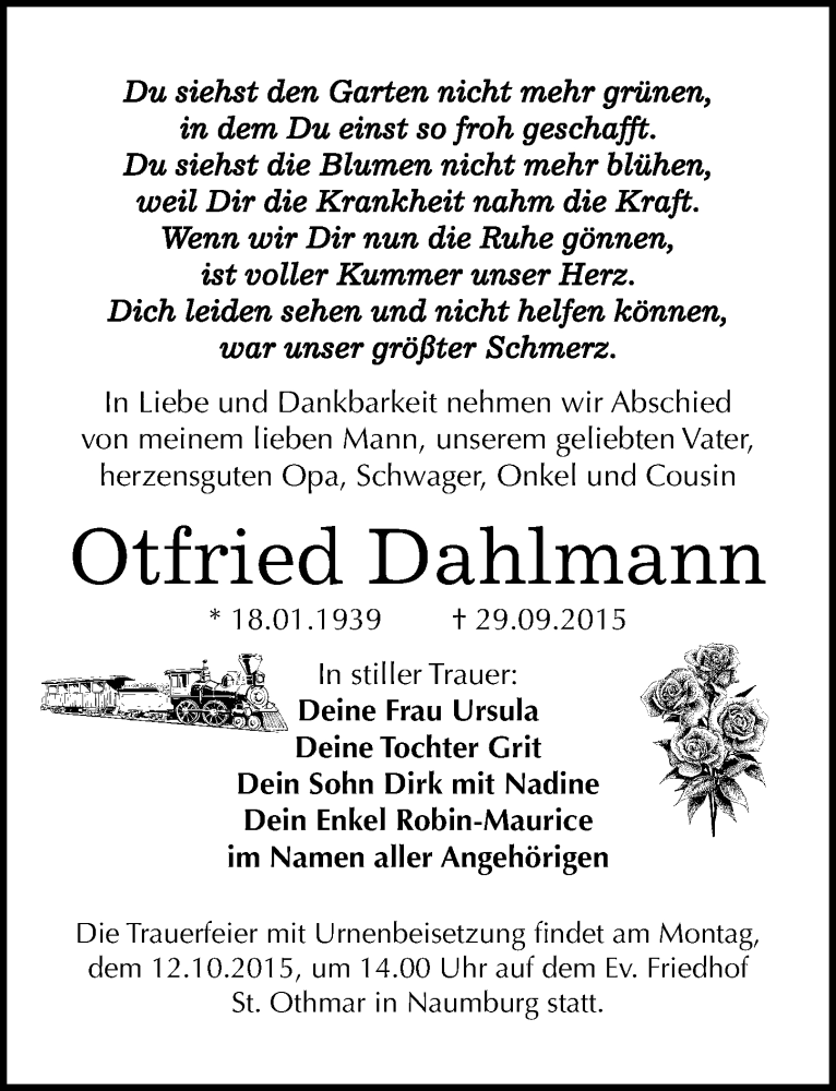  Traueranzeige für Otfried Dahlmann vom 03.10.2015 aus Mitteldeutsche Zeitung Naumburg/Nebra