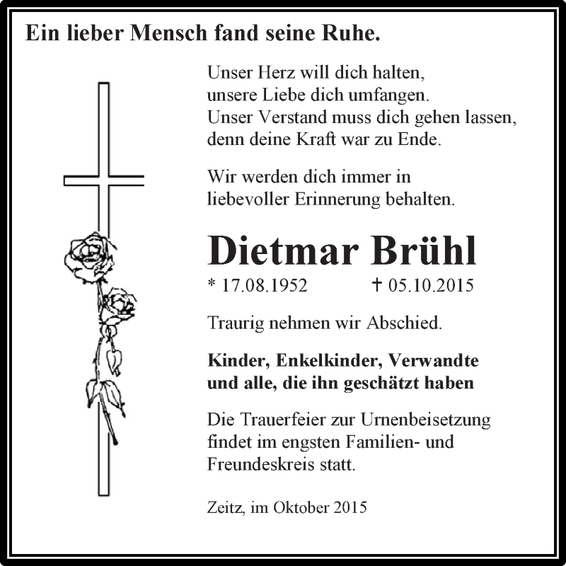  Traueranzeige für Dietmar Brühl vom 31.10.2015 aus Super Sonntag Zeitz
