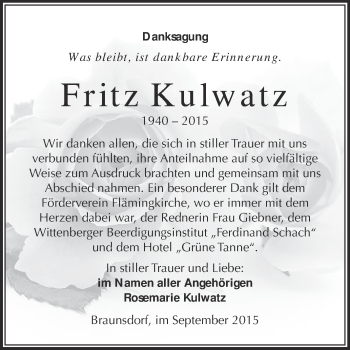 Traueranzeige von Fritz Kulwatz von WVG - Wochenspiegel Wittenberg