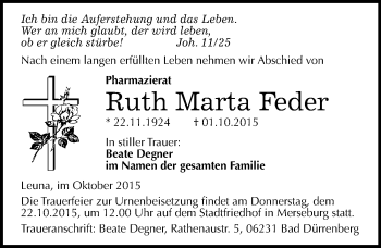Traueranzeige von Ruth Marta Feder von Mitteldeutsche Zeitung Merseburg/Querfurt