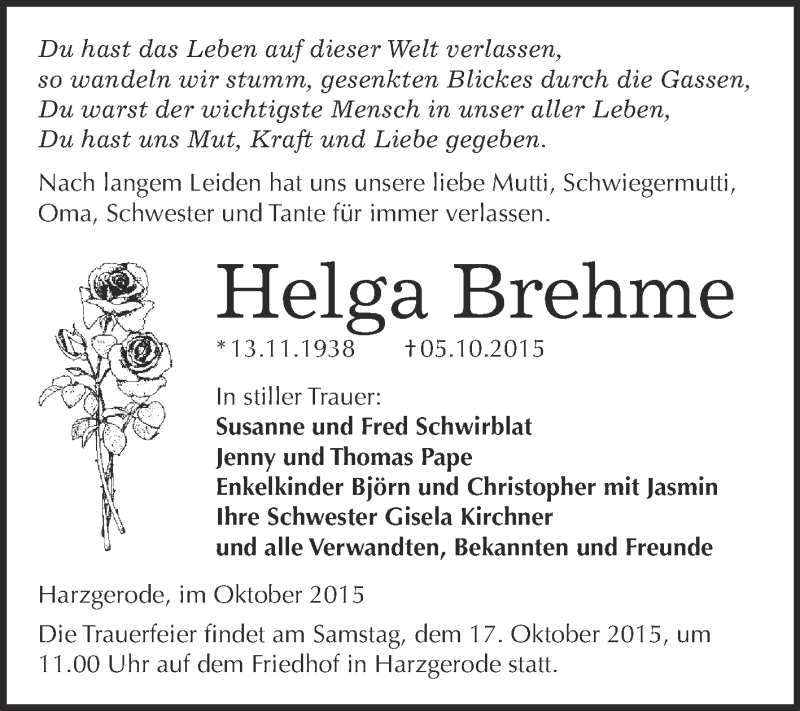  Traueranzeige für Helga Brehme vom 10.10.2015 aus WVG - Wochenspiegel Quedlinburg