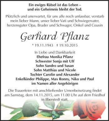 Traueranzeige von Gerhard Pflanz von Super Sonntag Bernburg