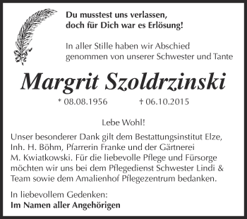 Traueranzeige von Margrit Szoldrzinski von WVG - Wochenspiegel Dessau / Köthen