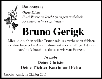 Traueranzeige von Bruno Gerigk von WVG - Wochenspiegel Dessau / Köthen
