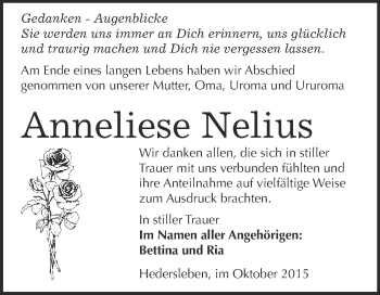 Traueranzeige von Anneliese Nelius von WVG - Wochenspiegel Quedlinburg