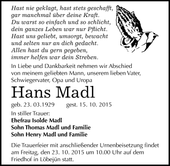 Traueranzeige von Hans Madl von Mitteldeutsche Zeitung Halle/Saalkreis