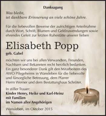 Traueranzeige von Elisabeth Popp von Mitteldeutsche Zeitung Mansfelder Land