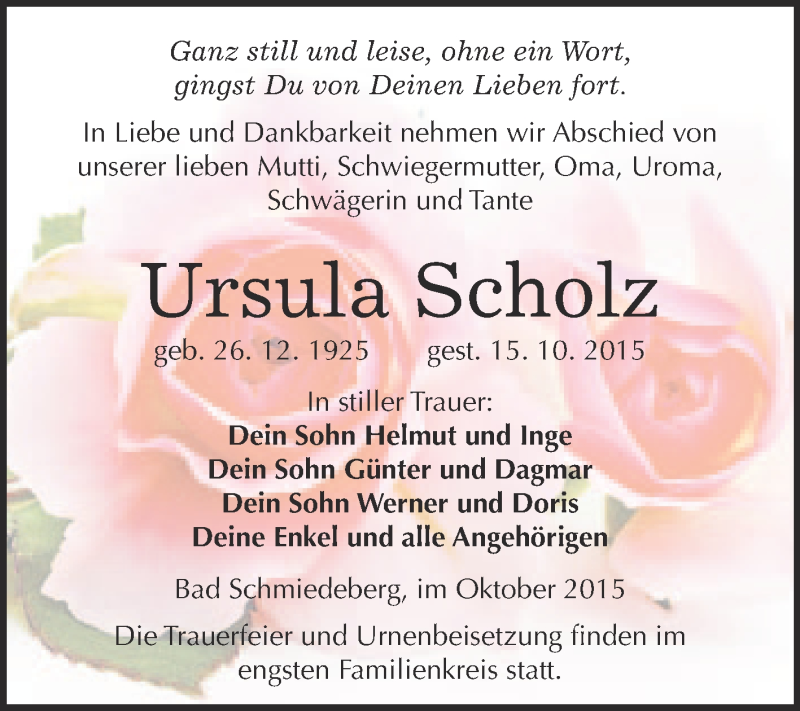  Traueranzeige für Ursula Scholz vom 24.10.2015 aus WVG - Wochenspiegel Wittenberg
