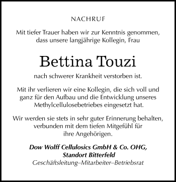 Traueranzeige von Bettina Touzi von Mitteldeutsche Zeitung Bitterfeld
