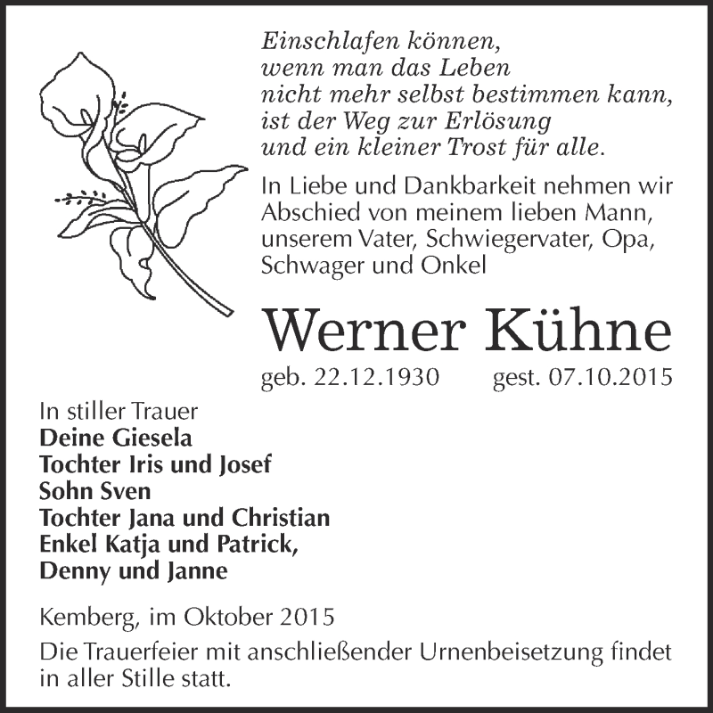  Traueranzeige für Werner Kühne vom 10.10.2015 aus WVG - Wochenspiegel Wittenberg