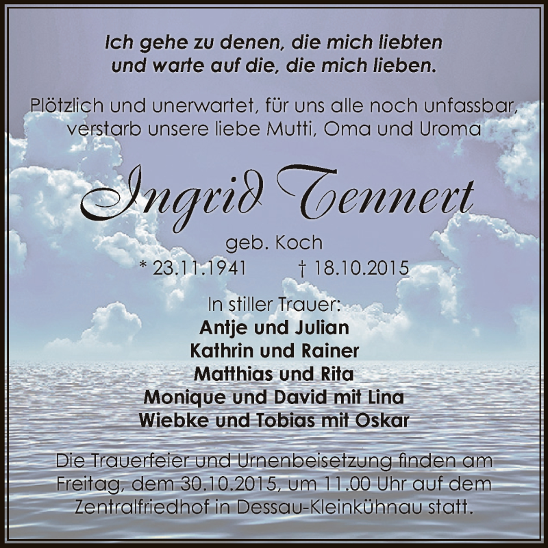  Traueranzeige für Ingrid Tennert vom 24.10.2015 aus WVG - Wochenspiegel Dessau / Köthen