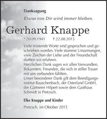 Traueranzeige von Gerhard Knappe von WVG - Wochenspiegel NMB / WSF / ZTZ