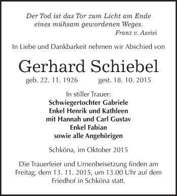 Traueranzeige von Gerhard Schiebel von WVG - Wochenspiegel Wittenberg