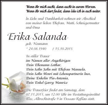 Traueranzeige von Erika Salanda von Mitteldeutsche Zeitung Dessau-Roßlau