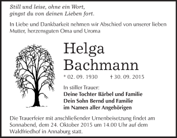 Traueranzeige von Helga Bachmann von WVG - Wochenspiegel Wittenberg