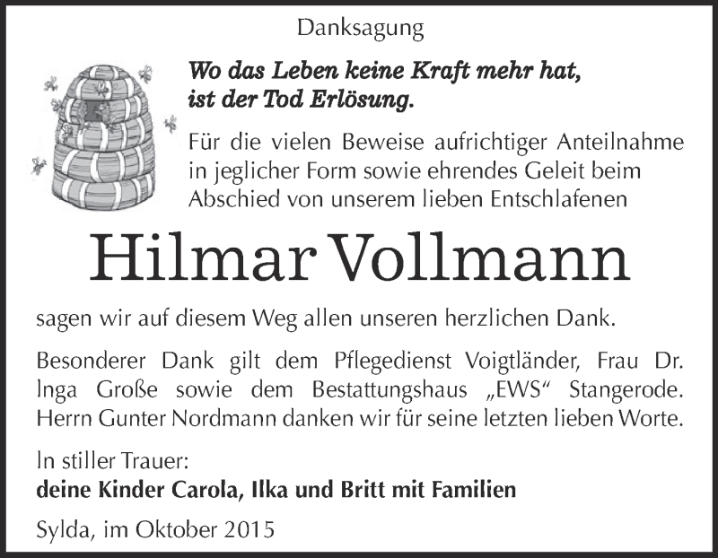  Traueranzeige für Hilmar Vollmann vom 24.10.2015 aus Super Sonntag SGH Mansf. Land