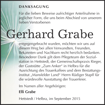 Traueranzeige von Gerhard Grabe von Wochenspiegel Mansfelder Land