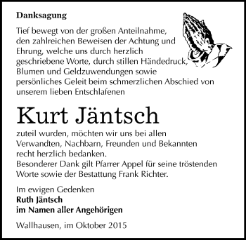 Traueranzeige von Kurt Jäntsch von Mitteldeutsche Zeitung Sangerhausen