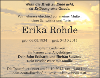 Traueranzeige von Erika Rohde von WVG - Wochenspiegel Dessau / Köthen