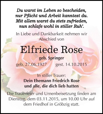 Traueranzeige von Elfriede Rose von WVG - Wochenspiegel Dessau / Köthen