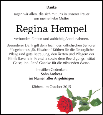 Traueranzeige von Regina Hempel von WVG - Wochenspiegel Dessau / Köthen