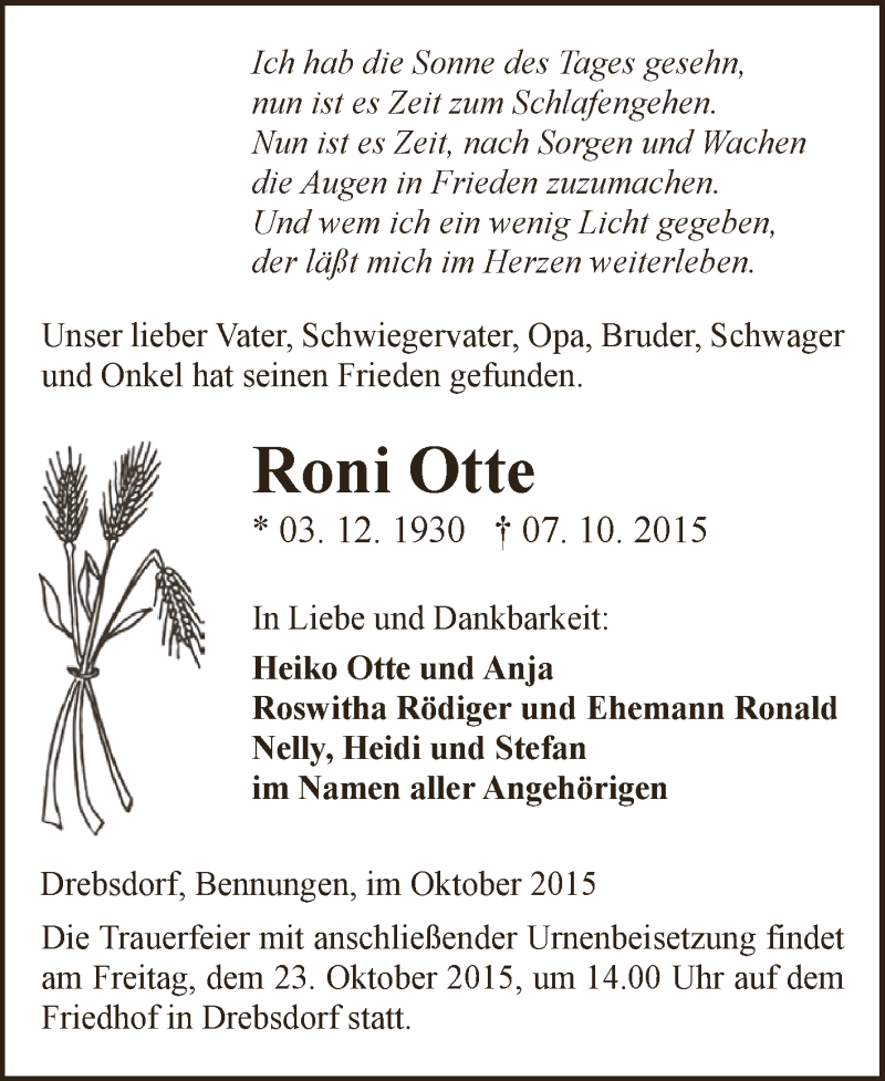  Traueranzeige für Roni Otte vom 21.10.2015 aus WVG - Wochenspiegel SGH