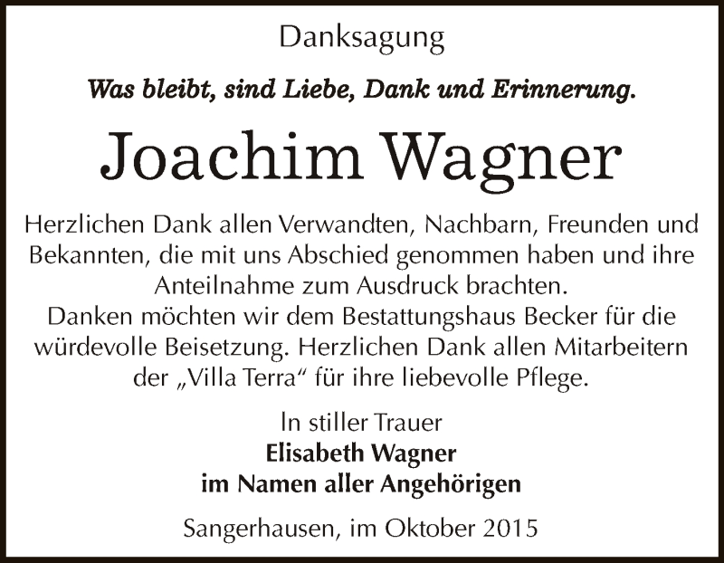  Traueranzeige für Joachim Wagner vom 31.10.2015 aus Super Sonntag SGH Mansf. Land