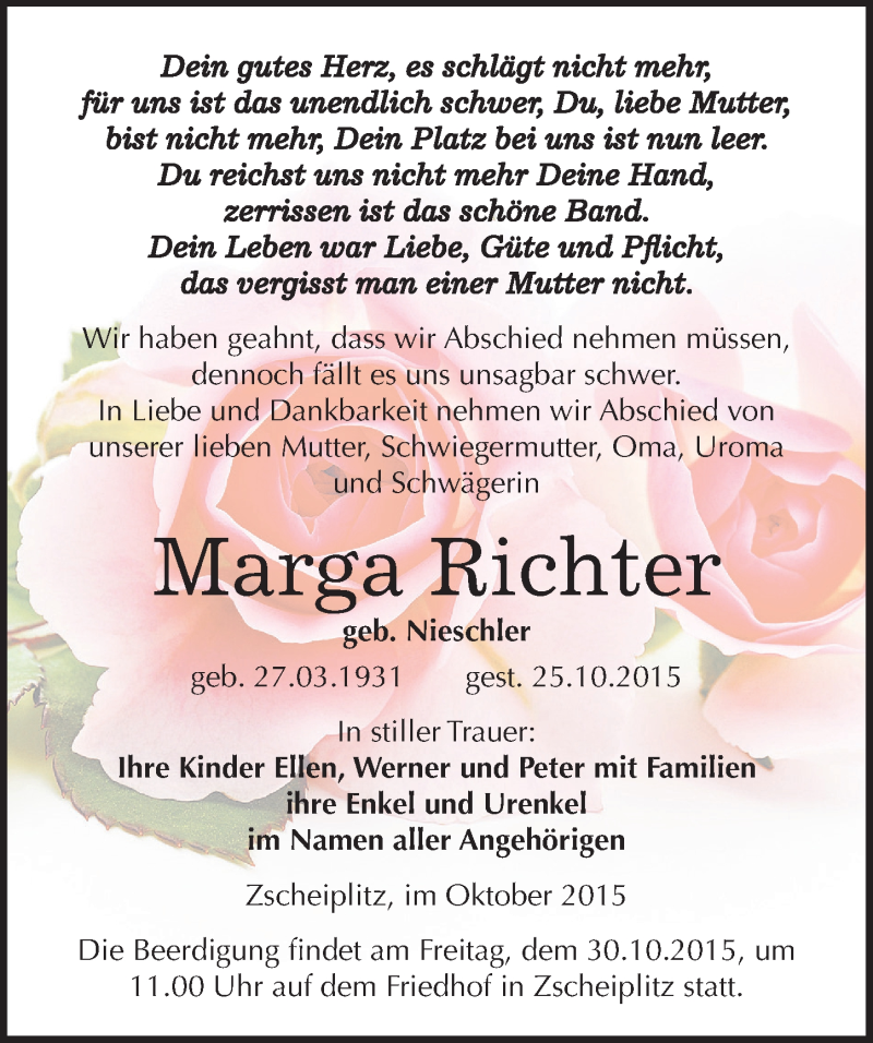  Traueranzeige für Marga Richter vom 27.10.2015 aus Mitteldeutsche Zeitung Naumburg/Nebra