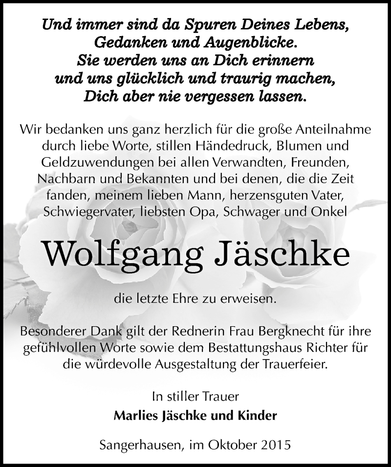  Traueranzeige für Wolfgang Jäschke vom 17.10.2015 aus Mitteldeutsche Zeitung Sangerhausen