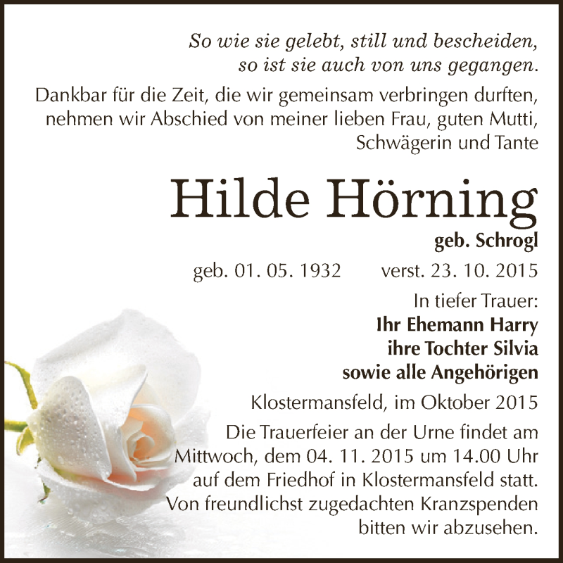 Traueranzeige für Hilde Hörning vom 31.10.2015 aus Super Sonntag SGH Mansf. Land