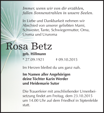 Traueranzeige von Rosa Betz von Mitteldeutsche Zeitung Quedlinburg