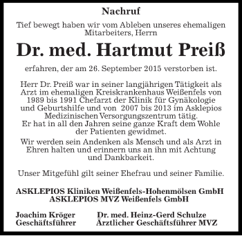 Traueranzeige von Hartmut Preiß von Mitteldeutsche Zeitung Weißenfels