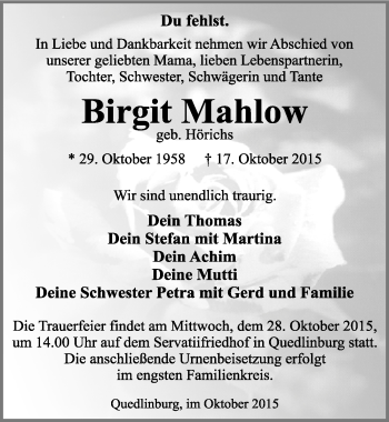 Traueranzeige von Birgit Mahlow von Mitteldeutsche Zeitung Quedlinburg