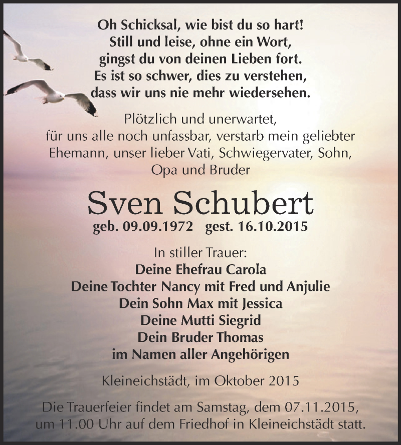  Traueranzeige für Sven Schubert vom 31.10.2015 aus Super Sonntag Zeitz