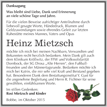 Traueranzeige von Heinz Mietzsch von WVG - Wochenspiegel Dessau / Köthen