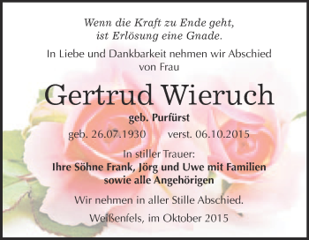 Traueranzeige von Gertrud Wieruch von WVG - Wochenspiegel NMB / WSF / ZTZ