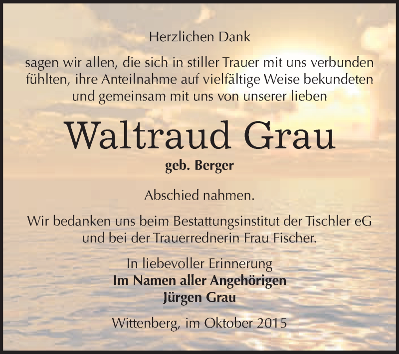  Traueranzeige für Waltraud Grau vom 24.10.2015 aus WVG - Wochenspiegel Wittenberg