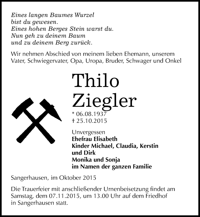  Traueranzeige für Thilo Ziegler vom 30.10.2015 aus Mitteldeutsche Zeitung Sangerhausen
