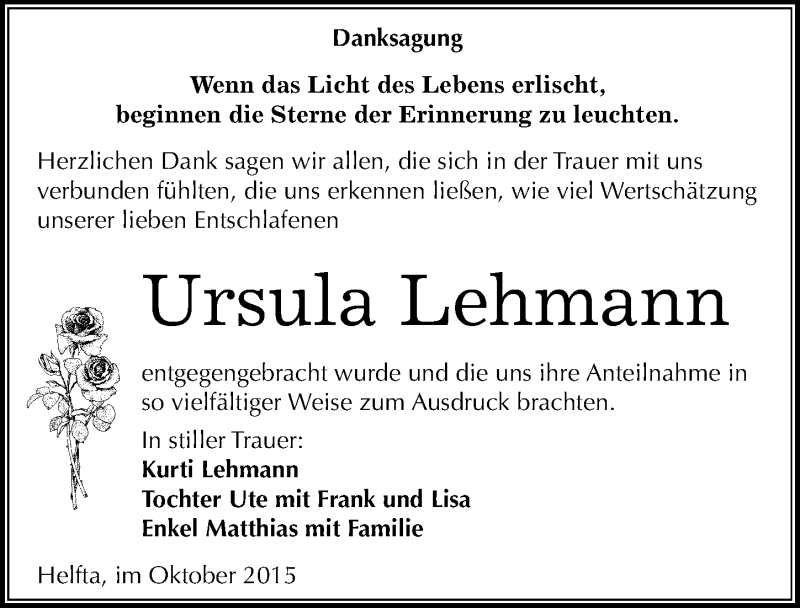 Traueranzeige für Ursula Lehmann vom 17.10.2015 aus Mitteldeutsche Zeitung Mansfelder Land