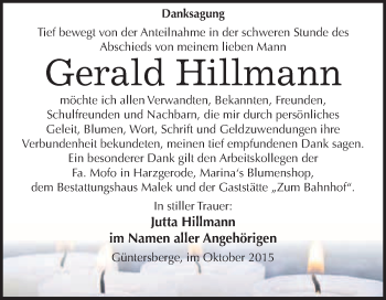 Traueranzeige von Gerald Hillmann von WVG - Wochenspiegel Quedlinburg