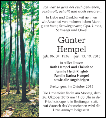 Traueranzeige von Günter Hempel von Super Sonntag SGH Mansf. Land