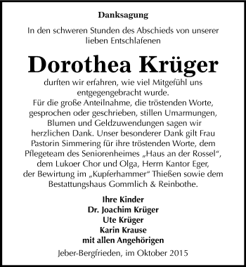 Traueranzeige von Dorothea Krüger von Mitteldeutsche Zeitung