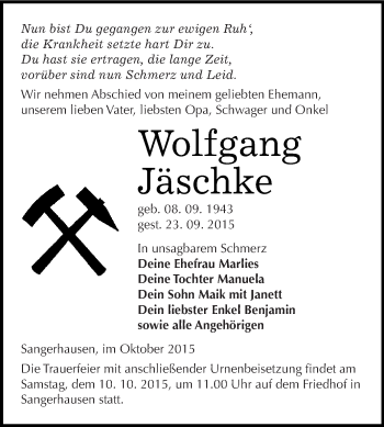 Traueranzeige von Wolfgang Jäschke von Super Sonntag SGH Mansf. Land