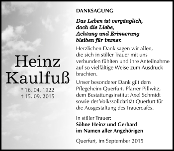 Traueranzeige von Heinz Kaulfuß von Mitteldeutsche Zeitung Merseburg/Querfurt