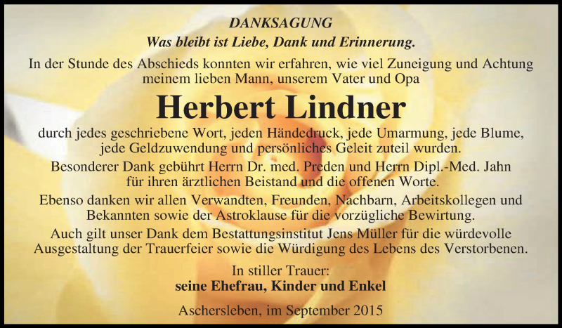  Traueranzeige für Herbert Lindner vom 30.09.2015 aus Super Sonntag Aschersleben