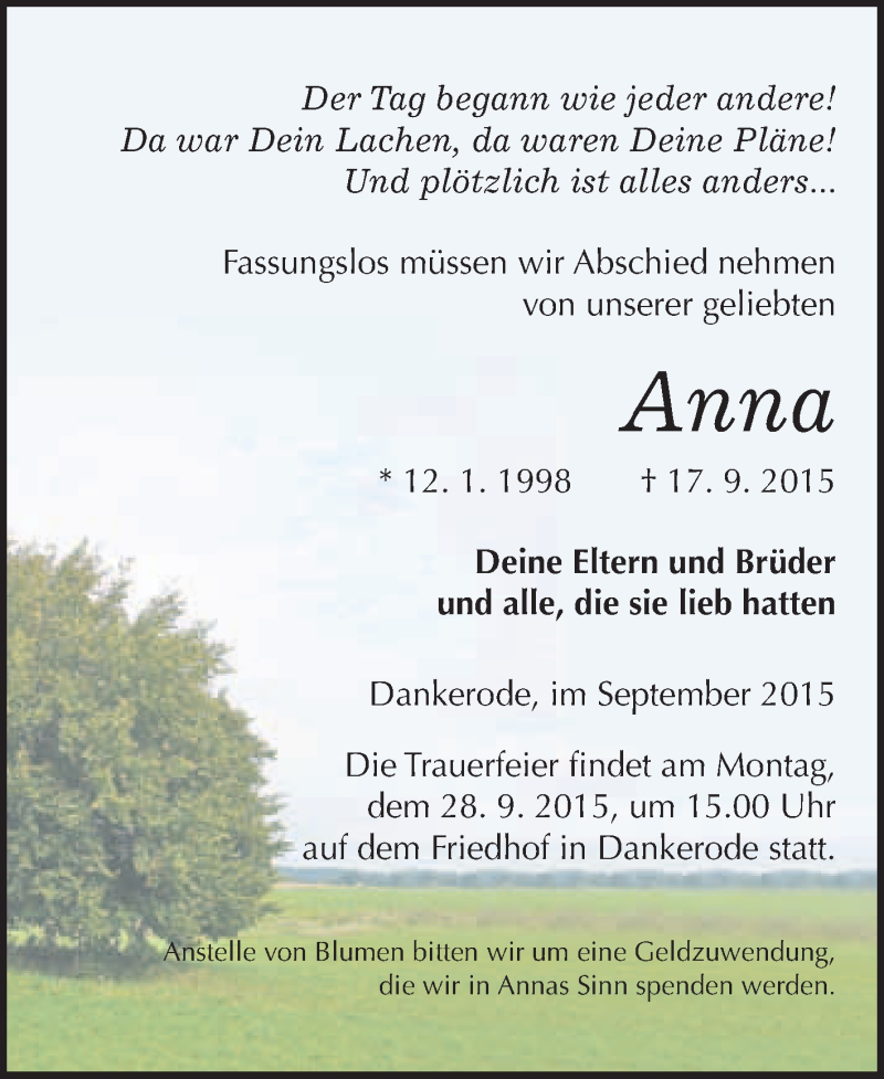  Traueranzeige für Anna  vom 26.09.2015 aus WVG - Wochenspiegel Quedlinburg