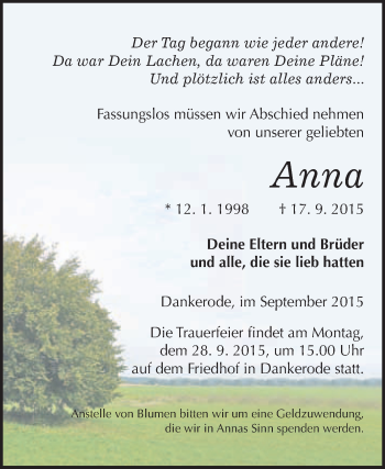 Traueranzeige von Anna  von WVG - Wochenspiegel Quedlinburg