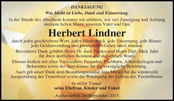 Traueranzeige von Herbert Lindner von Super Sonntag Aschersleben